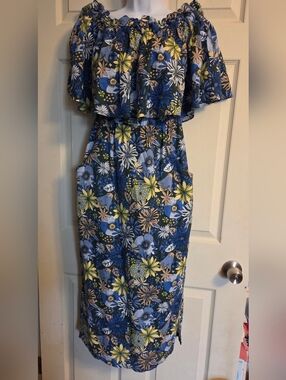 INC International Concepts Blue Floral "Deri Blooms" Off-Shoulder Midi Dress